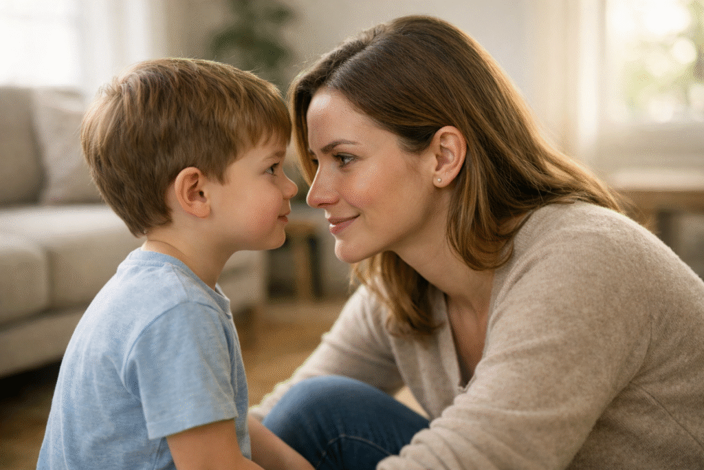Maman s'accroupissant à hauteur d'enfant pour capter son attention avec bienveillance.