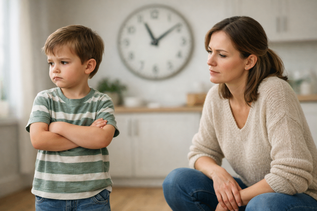 Maman agenouillée face à son jeune enfant qui se tient les bras croisés, illustrant le refus d'obéir et le blocage de la coopération.