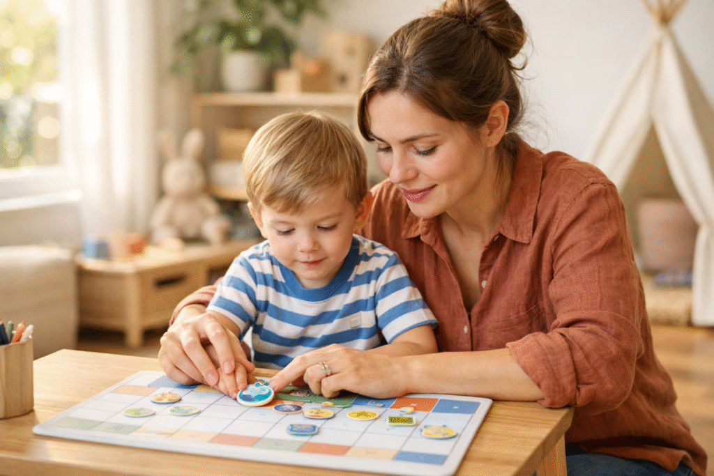 Maman et son jeune enfant utilisant un planning de routine hebdomadaire pour anticiper les règles et poser des limites claires.