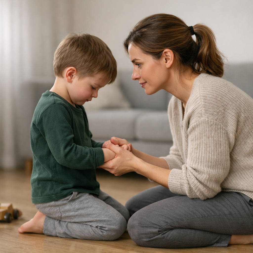 Maman maintenant les mains de son enfant en crise avec une posture stable et bienveillante.