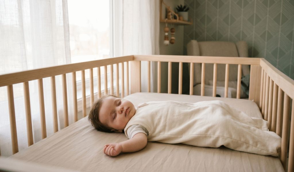 Bébé de 4 mois dormant paisiblement sur le dos dans une gigoteuse, illustration de la régression du sommeil validée par une pédiatre.